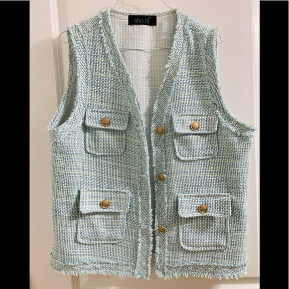 Light macaron teal color nub tweed vest - Picture 1 of 3